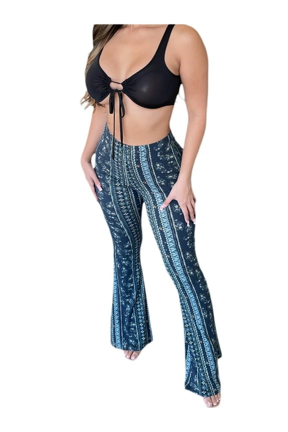 Women's High Waist Gypsy Comfy Yoga Ethnic Tribal Stretch Palazzo 70s Bell Bottom Fit to Flare Pants