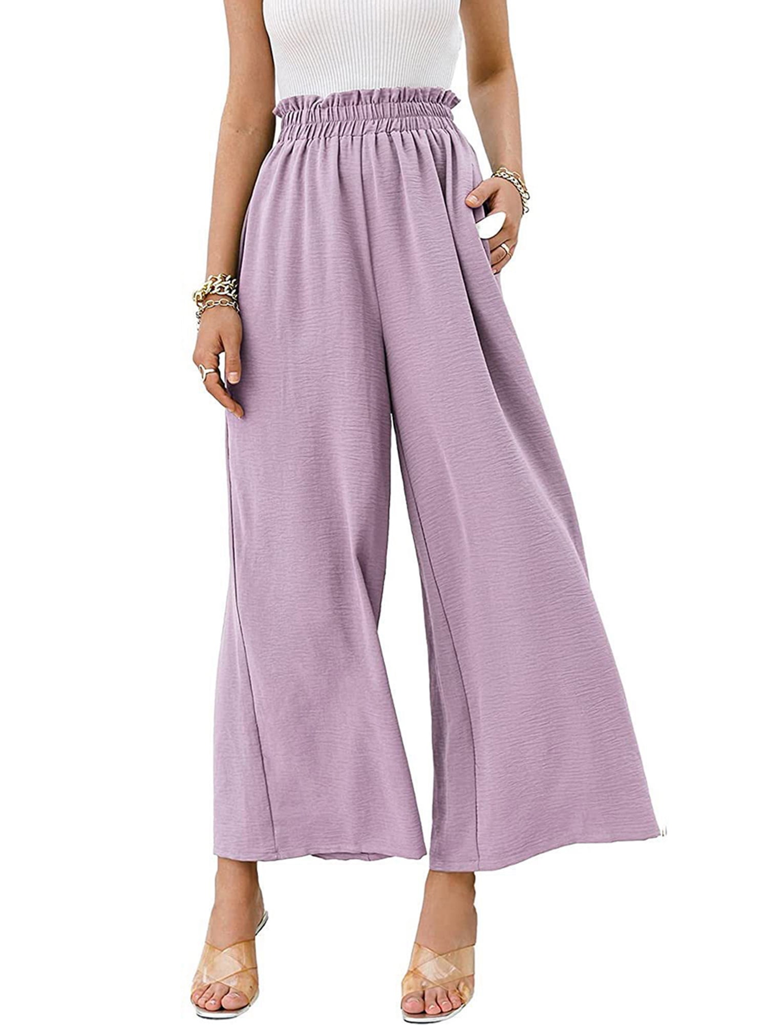 Cider Solid Elastic Waist Wide Leg Palazzo Pants for School Daily Casual Home,XL/Purple