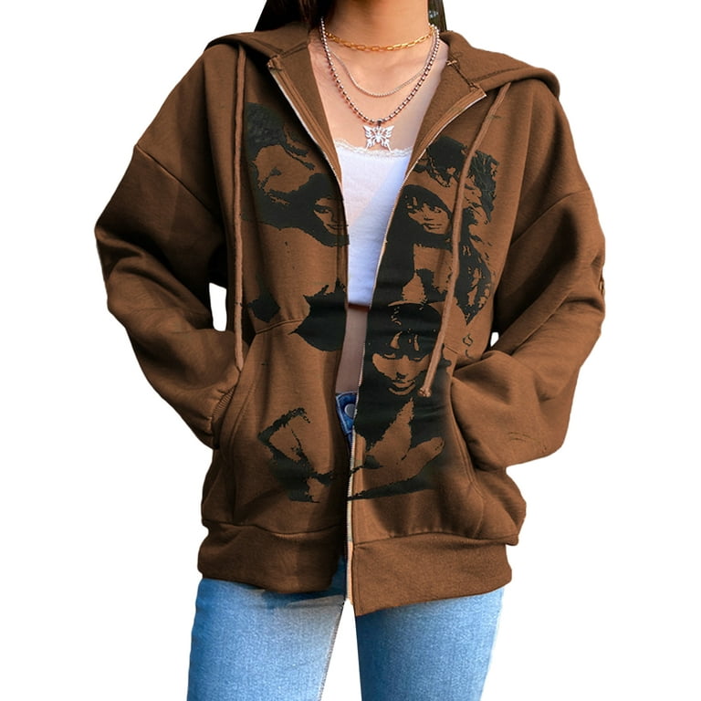 Merqwadd Womens Sweatshirt Long Sleeve Zip up Punk Goth Printed Hoodie  Drawstring Jacket with Pockets 