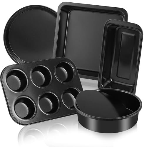 Merralta 5-Piece Toaster Oven Bakeware Set Compact Nonstick Baking Pans for Small Oven, RV & Camper Includes Muffin, Loaf, Pizza, Cake & Square Pan (Black)