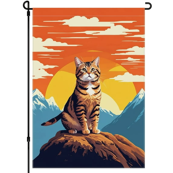 Fluffy Cat Double-Colored Flags Sunset Cute Cat Kitten Back Yard Decor 28x40 Inch, Washable Mountains Cartoon Style Garden Flags for Outdoor for Patio Front Door Backyard Outdoor Balcony Decoration