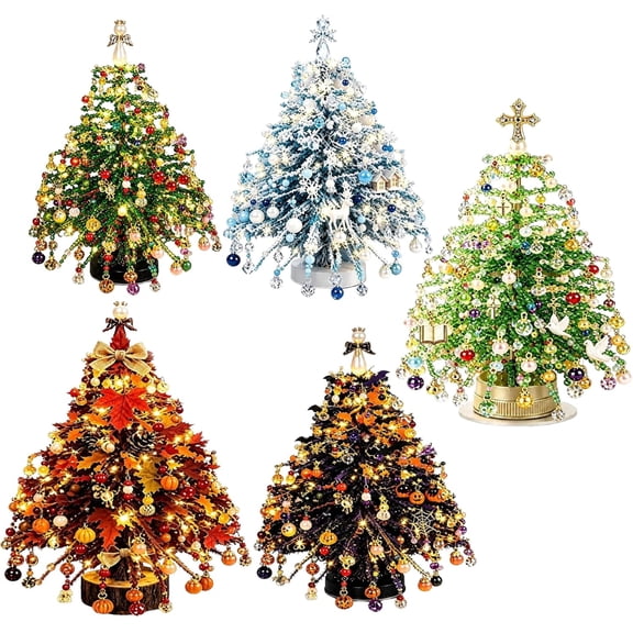 MerriBead Christmas Tree, DIY Beaded Christmas Tree Kit with Lights, Handmade Mini Desk Bead Art Holiday Decoration
