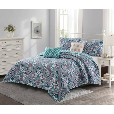 Merriam 5 piece Quilt Set Blue/Coral Full/Queen