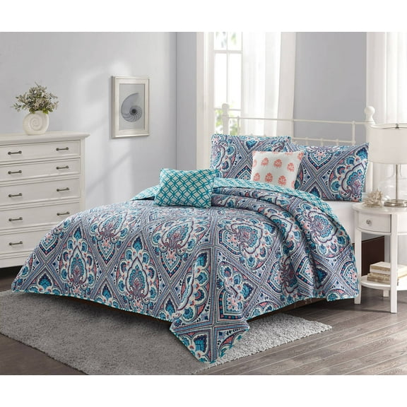 Merriam 5 piece Quilt Set Blue/Coral Full/Queen