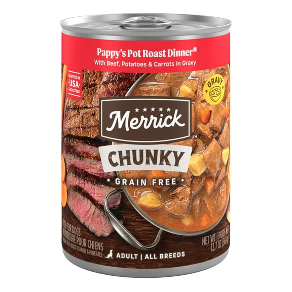Merrick Chunky Wet Dog Food Grain Free Pot Roast Beef & Veggies in Gravy, 12.7 oz Cans (12 Pack)