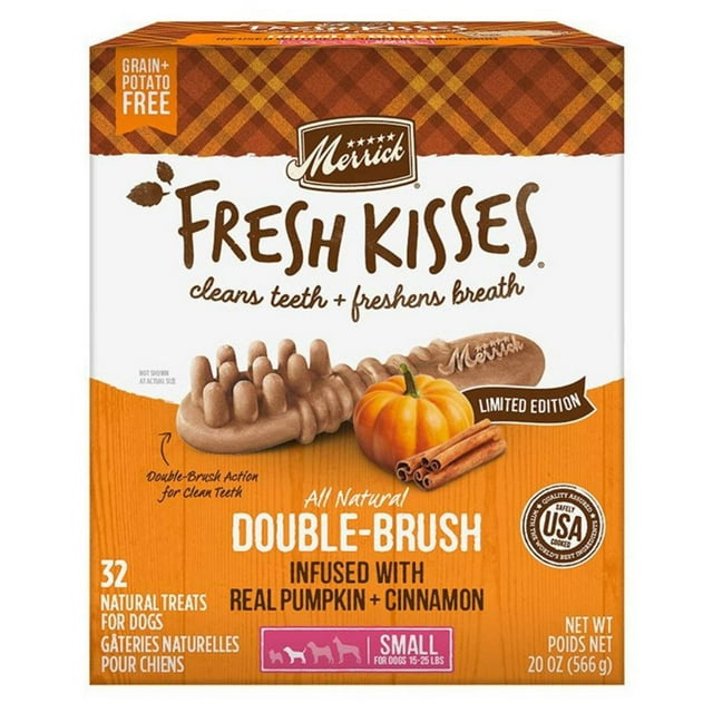 Merrick Fresh Kisses, Dental Chews for Dogs, Pumpkin and Cinnamon Natural Dog Treats for Small Dogs 15-25 Lbs