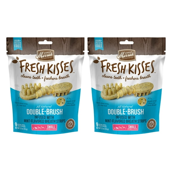 Merrick Fresh Kisses Double-Brush Dental Dog Treats With Mint Breath Strips For Small Dogs, 9 Brushes, 5.5 oz (2-Pack)