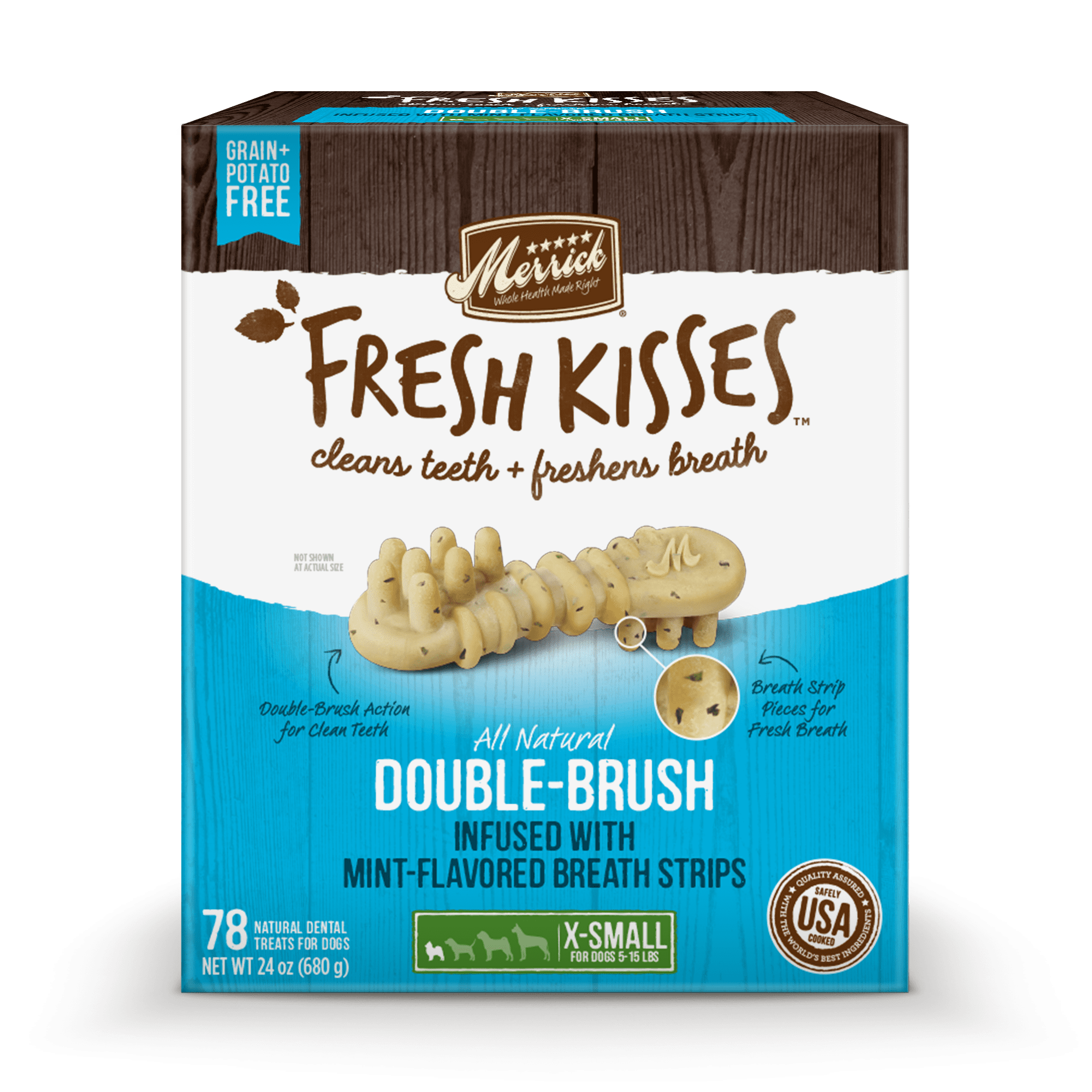 Merrick Fresh Kisses Natural Dental Chews Toothbrush Treat Shape Infused With Real Mint For Tiny Dogs 5-15 Lbs, 24.0 oz. Box