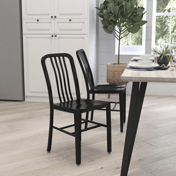 Merrick Lane 18 Inch Black Galvanized Steel Indoor/Outdoor Dining Chair with Slatted Back and Powder Coated Finish