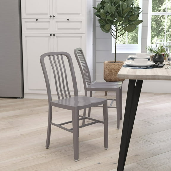 Merrick Lane 18 Inch Silver Galvanized Steel Indoor/Outdoor Dining Chair with Slatted Back and Powder Coated Finish