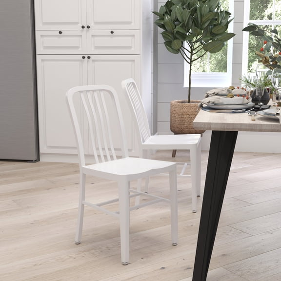 Merrick Lane 18 Inch White Galvanized Steel Indoor/Outdoor Dining Chair with Slatted Back and Powder Coated Finish