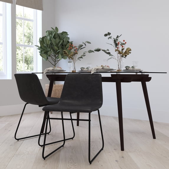 Merrick Lane 18 inch Faux Leather Bucket Seat Dining Chairs with Black Frame in Dark Gray, Set of 2