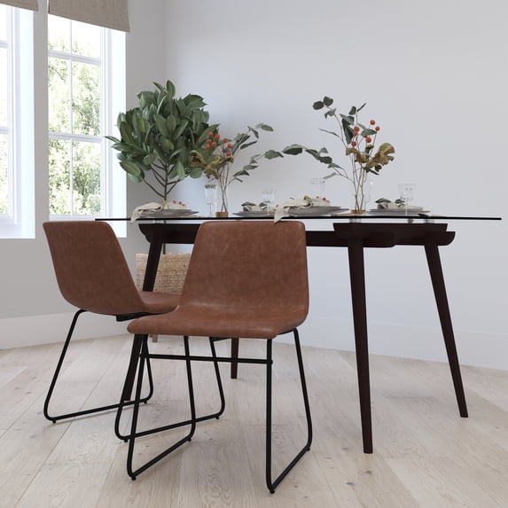 Merrick Lane 18 inch Faux Leather Bucket Seat Dining Chairs with Black Frame in Light Brown, Set of 2