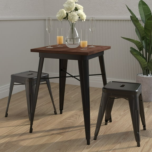 Merrick Lane 23.5 Black Steel Indoor Contemporary Table With Square Walnut Rustic Wood Top