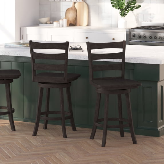 Merrick Lane 24" Gray Wash Walnut Classic Wooden Ladderback Swivel Counter Height Stool with Solid Wood Seat and Footrest
