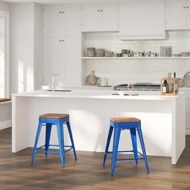 Merrick Lane 24" High Backless Blue Metal Counter Height Dining Stool with Wooden Seat for Indoor Use