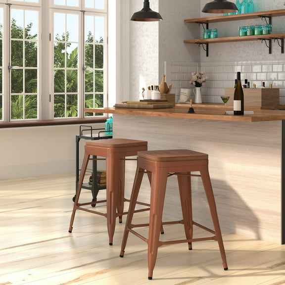 Merrick Lane 24" High Backless Copper Metal Counter Height Dining Stool with Wooden Seat for Indoor Use