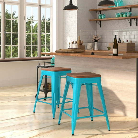 Merrick Lane 24" High Backless Crystal Blue Metal Counter Height Dining Stool with Wooden Seat for Indoor Use