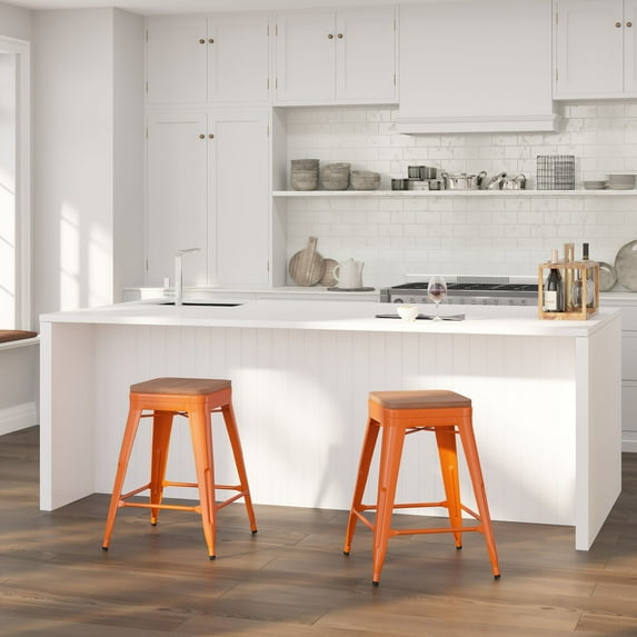 Merrick Lane 24" High Backless Orange Metal Counter Height Dining Stool with Wooden Seat for Indoor Use