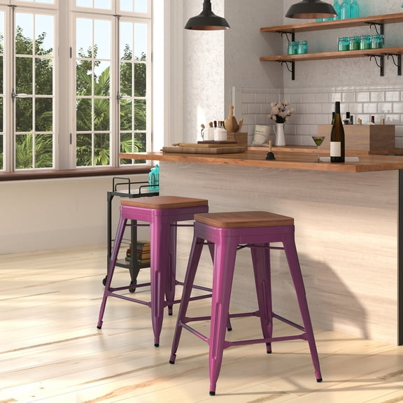Merrick Lane 24" High Backless Purple Metal Counter Height Dining Stool with Wooden Seat for Indoor Use