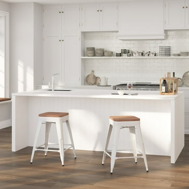 Merrick Lane 24" High Backless White Metal Counter Height Dining Stool with Wooden Seat for Indoor Use