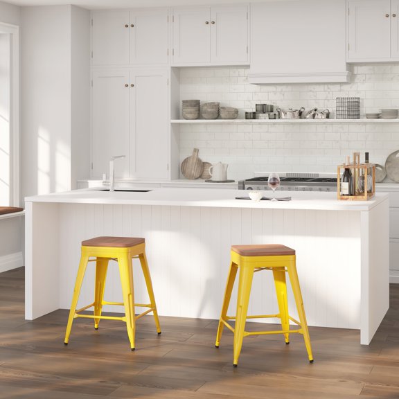 Merrick Lane 24" High Backless Yellow Metal Counter Height Dining Stool with Wooden Seat for Indoor Use