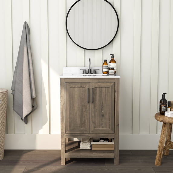 Merrick Lane 24 Inch Bathroom Vanity with Ceramic Sink, Carrara Marble Finish Countertop, Storage Cabinet with Soft Close Doors and Open Shelf in Brown