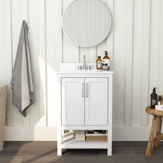 Merrick Lane 24 Inch Bathroom Vanity with Ceramic Sink, Carrara Marble Finish Countertop, Storage Cabinet with Soft Close Doors and Open Shelf in White