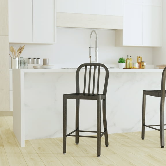 Merrick Lane 24 Inch Black-Antique Gold Galvanized Steel Indoor/Outdoor Counter Bar Stool With Slatted Back And Powder Coated Finish