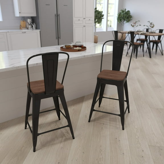 Merrick Lane 24 Inch Tall Black Metal Counter Bar Stool With Curved Slatted Back And Textured Wood Seat