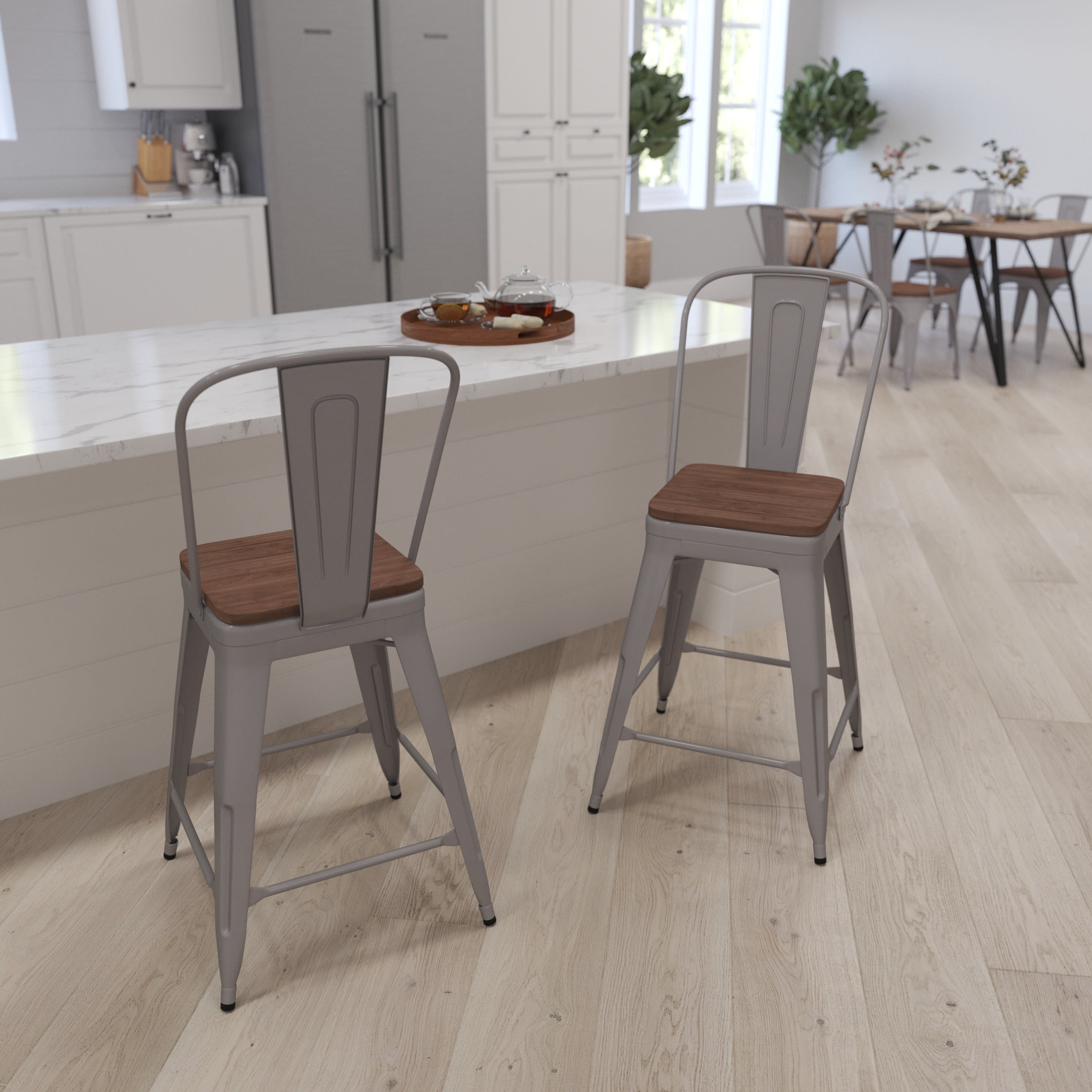 Silver Metal Counter Stool with Curved Slatted Back and Textured Wood Seat