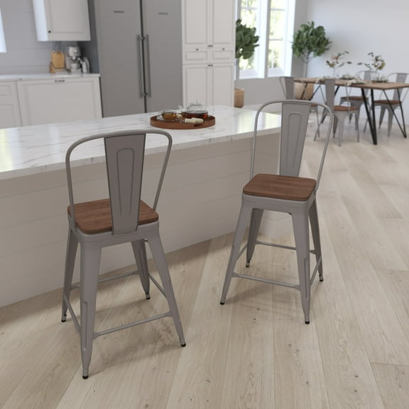 Merrick Lane 24 Inch Tall Silver Metal Counter Bar Stool With Curved Slatted Back And Textured Wood Seat