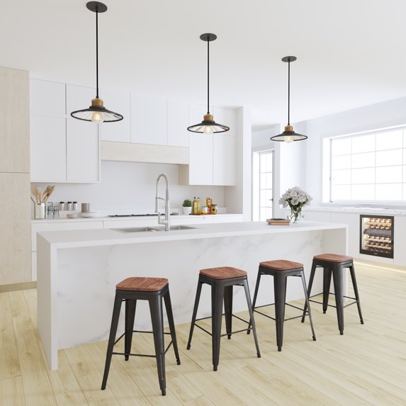 Merrick Lane 24 Inch Tall Stackable Black Metal Bar Counter Stool With Textured Elm Wood Seat In Set Of 4