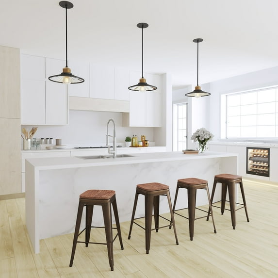 Merrick Lane 24 Inch Tall Stackable Green Metal Bar Counter Stool With Textured Elm Wood Seat In Set Of 4