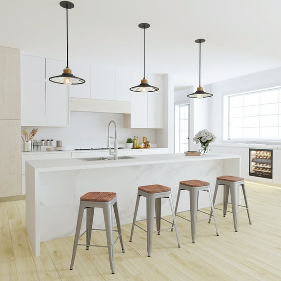 Merrick Lane 24 Inch Tall Stackable Silver Metal Bar Counter Stool With Textured Elm Wood Seat In Set Of 4
