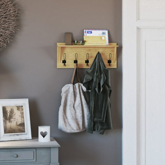 Merrick Lane 24 Inch Wall Mount Rustic Brown Pine Wood Storage Rack with 5 Hooks, Entryway, Kitchen, Bathroom