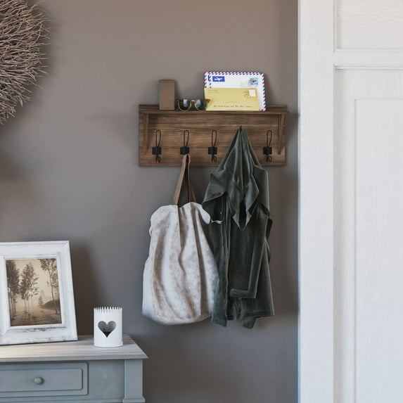 Merrick Lane 24 Inch Wall Mount Whitewashed Pine Wood Storage Rack with 5 Hooks, Entryway, Kitchen, Bathroom