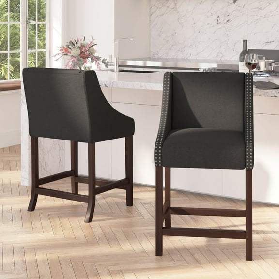 Merrick Lane 24 Inch Walnut Counter Height Stool with Nailhead Trim in Black Fabric - Set of 2
