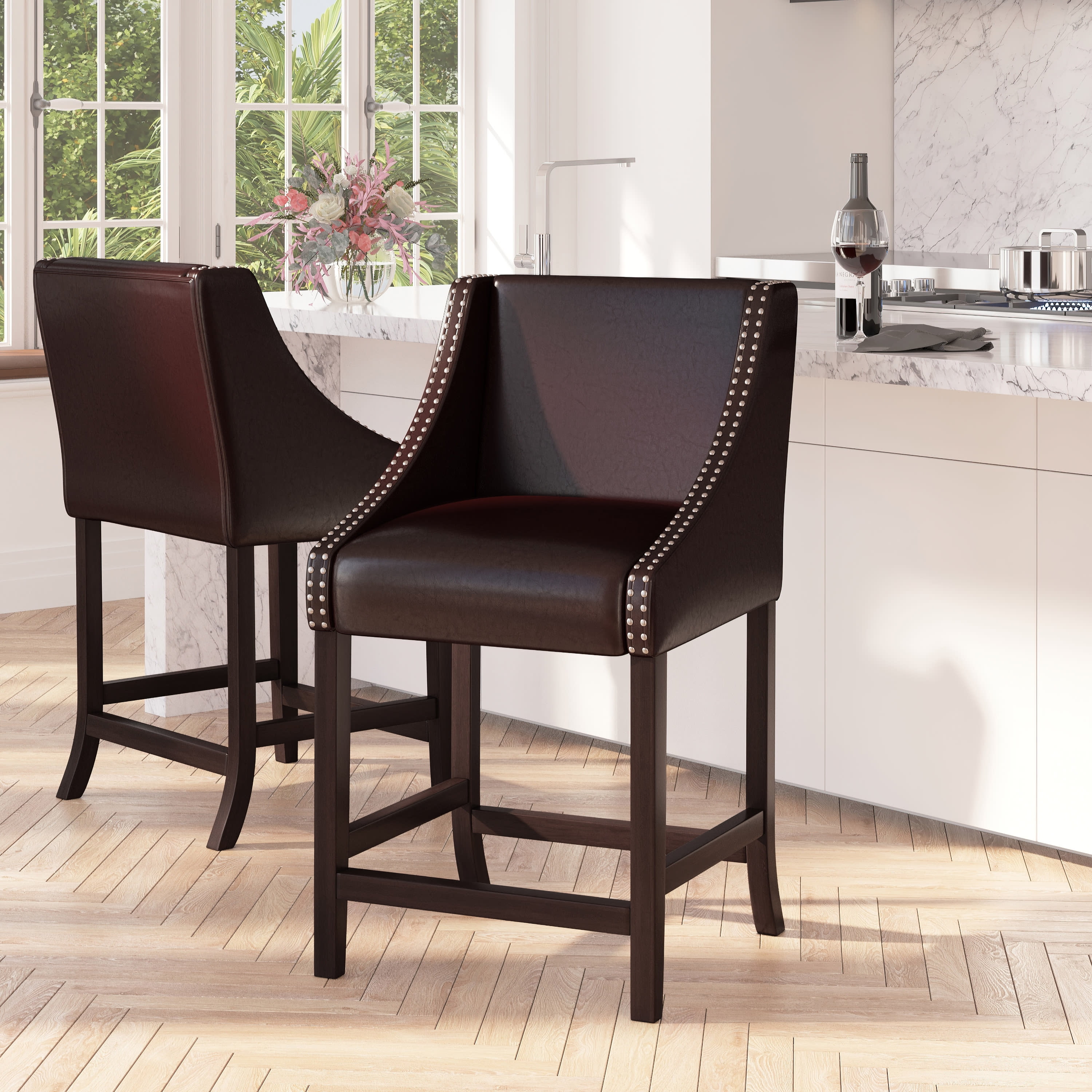 Merrick Lane 24 Inch Walnut Counter Height Stool with Nailhead Trim in