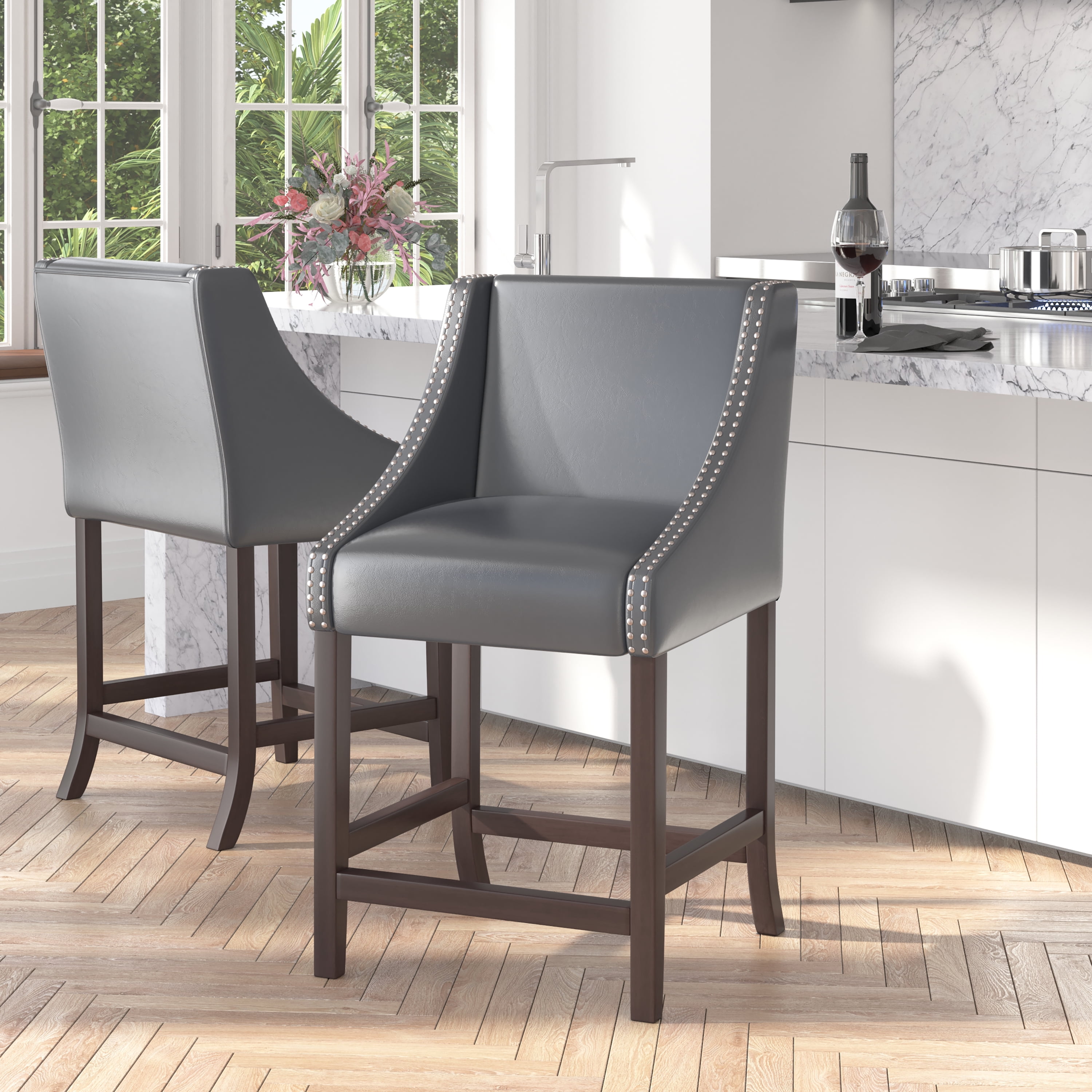 Walnut Finish 32" Counter Height Stool with Light Gray Leathersoft and Nailhead Trim