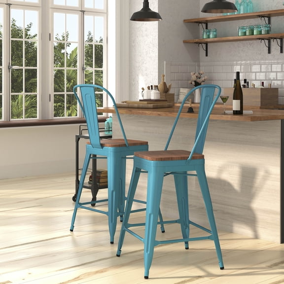 Merrick Lane 24" Metal Indoor-Outdoor Counter Stool with Vertical Slat Back, Integrated Footrest and Wood Seat in Crystal Teal-Blue