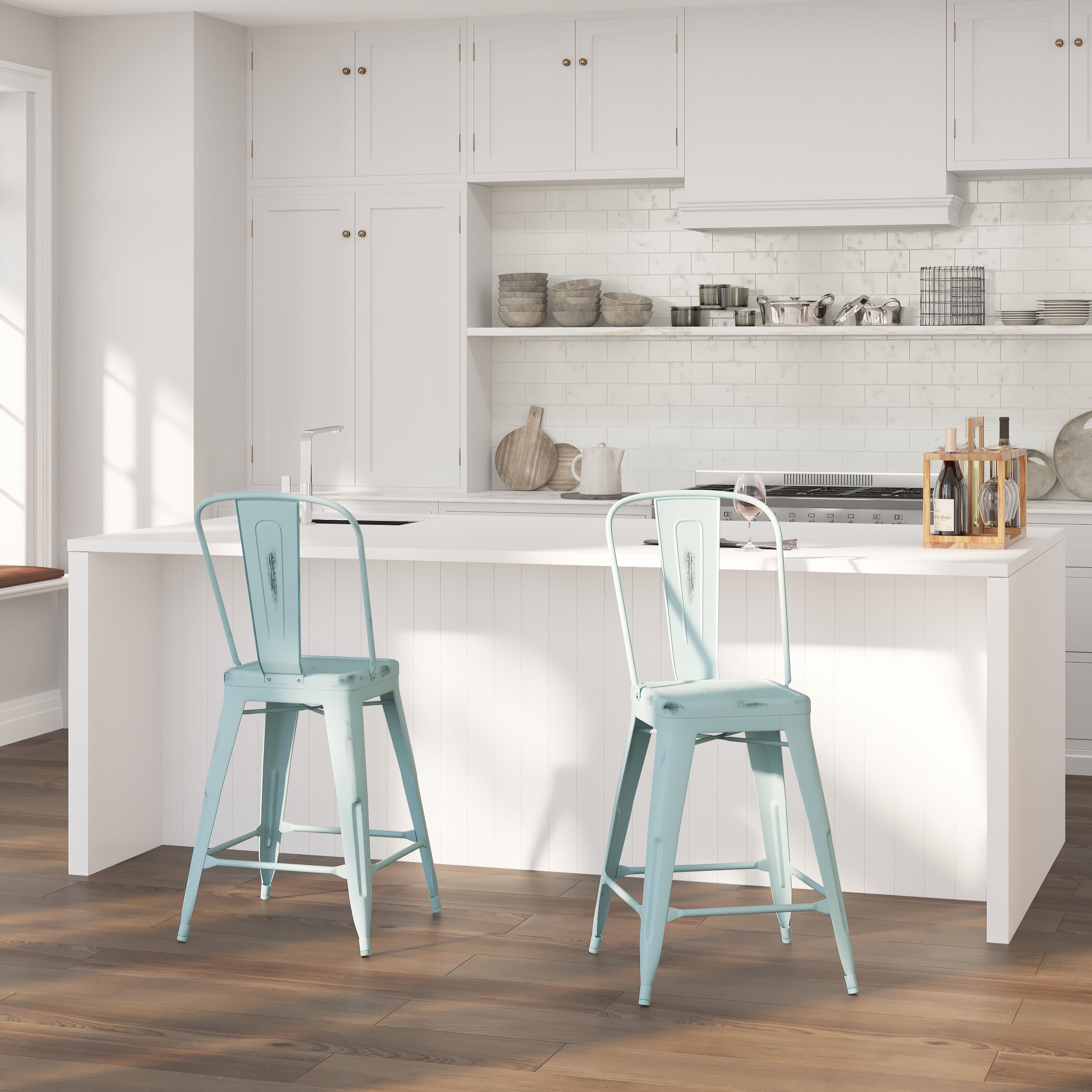Merrick Lane Distressed Green-Blue Metal Counter Height Stool