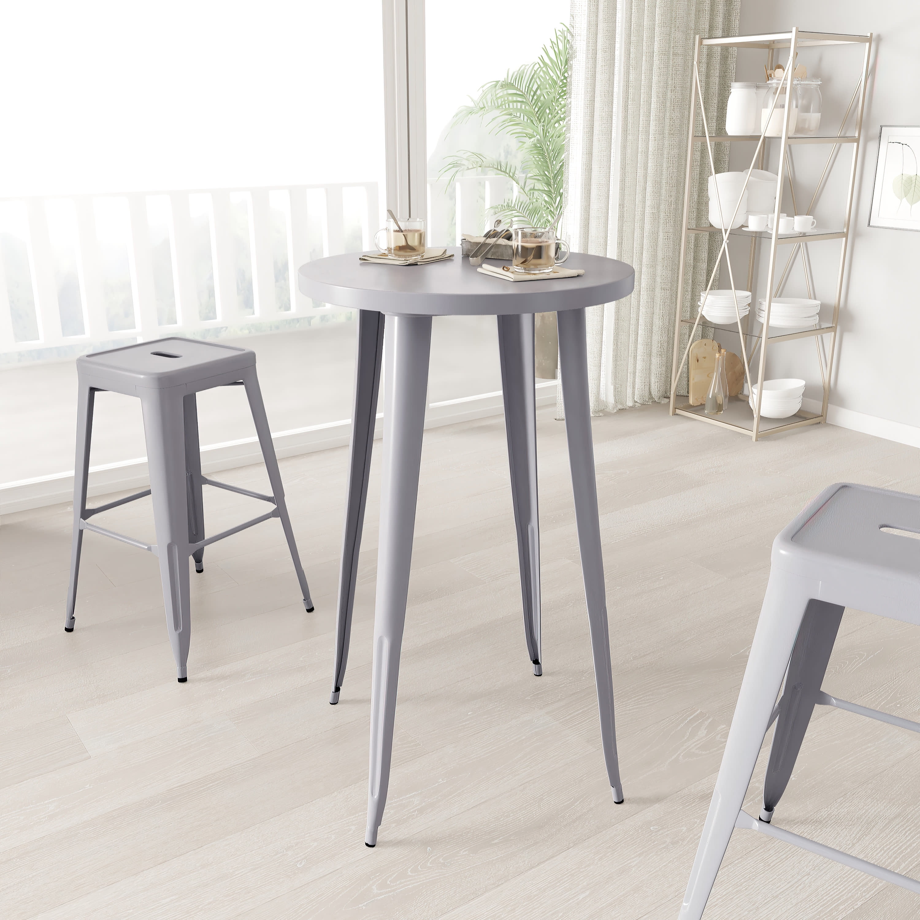 Merrick Lane 24" Round Bar Height Patio Table with Silver Powder Coated Galvanized Steel Frame ...