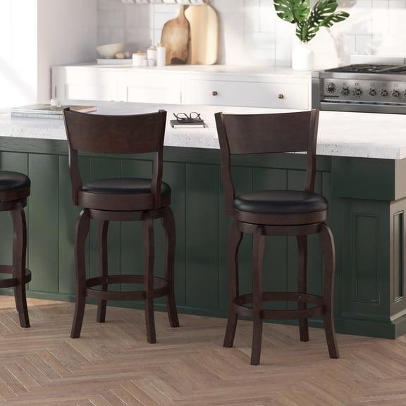 Merrick Lane 24" Swivel Wooden Open Back Pub Stool with Faux Leather Seat, Espresso/Black