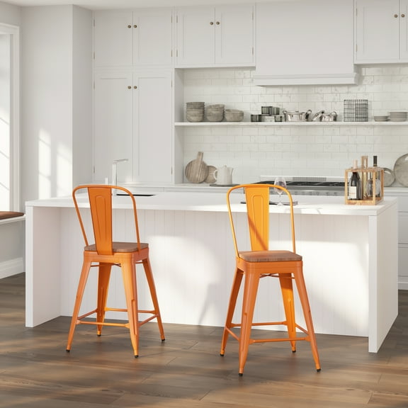 Merrick Lane 24" Tall Orange Metal Counter Height Dining Stool with Curved Slatted Back and Textured Wood Seat
