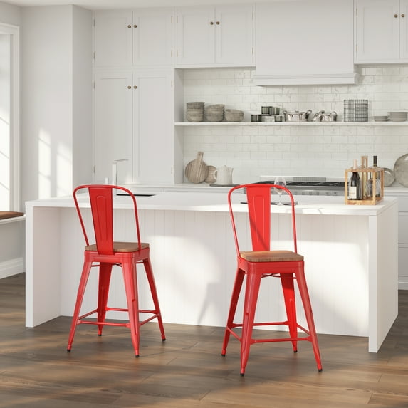 Merrick Lane 24" Tall Red Metal Counter Height Dining Stool with Curved Slatted Back and Textured Wood Seat