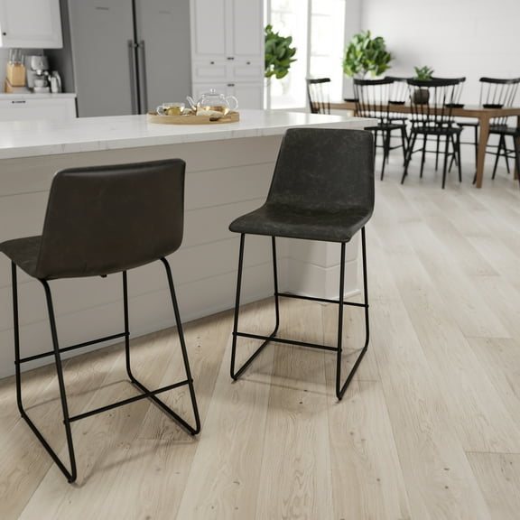 Merrick Lane 24 inch Faux Leather Counter Height Bucket Seat Stools in Dark Gray, Set of 2