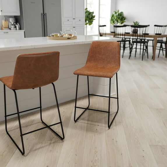 Merrick Lane 24 inch Faux Leather Counter Height Bucket Seat Stools in Light Brown, Set of 2