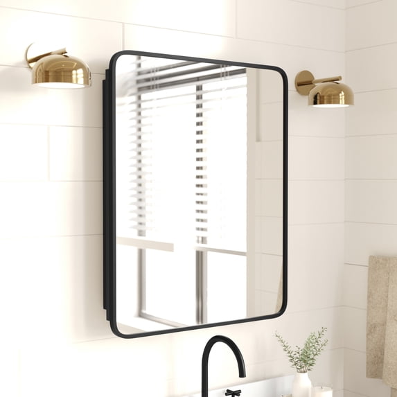 Merrick Lane 24" x 30" Reversible Bathroom Wall Medicine Cabinet with Rounded Rectangular Beveled Mirror and Black Metal Frame and Shelves
