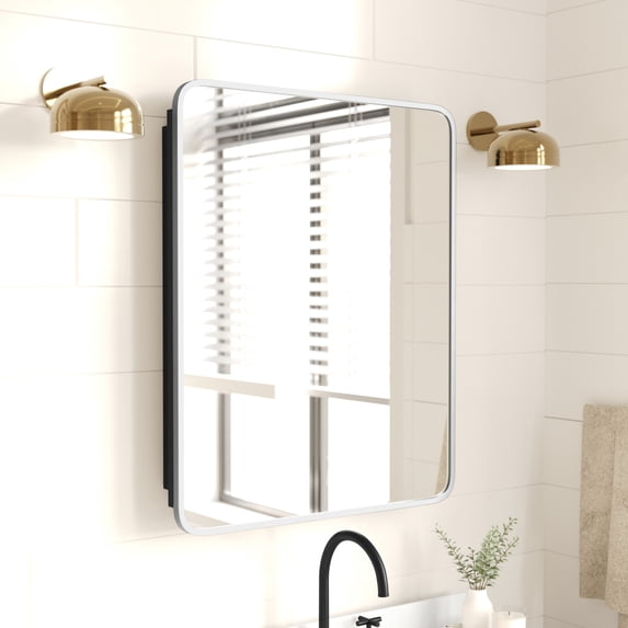 Merrick Lane 24" x 30" Reversible Bathroom Wall Medicine Cabinet with Rounded Rectangular Beveled Mirror and Silver Metal Frame and Shelves
